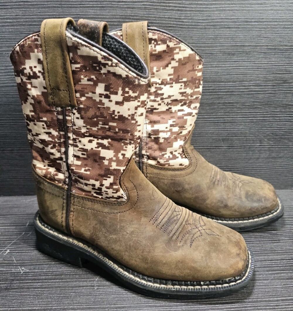 Old West Kids Cowboy Boots Brown Camo Leather Square Toe Size 11 D